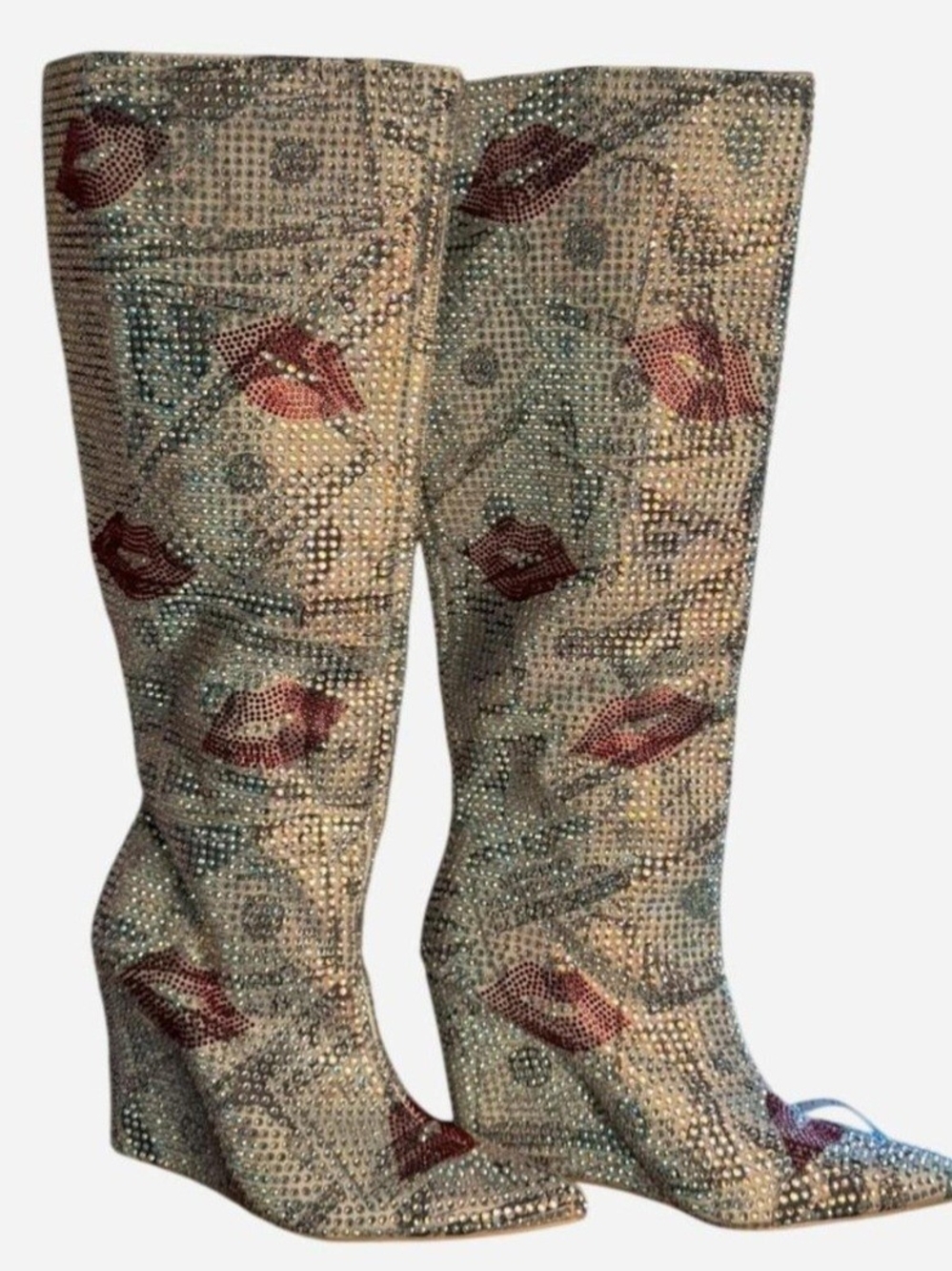 Cape Robbin Beige Crystal Lip-Print Wedge Knee-High Boots